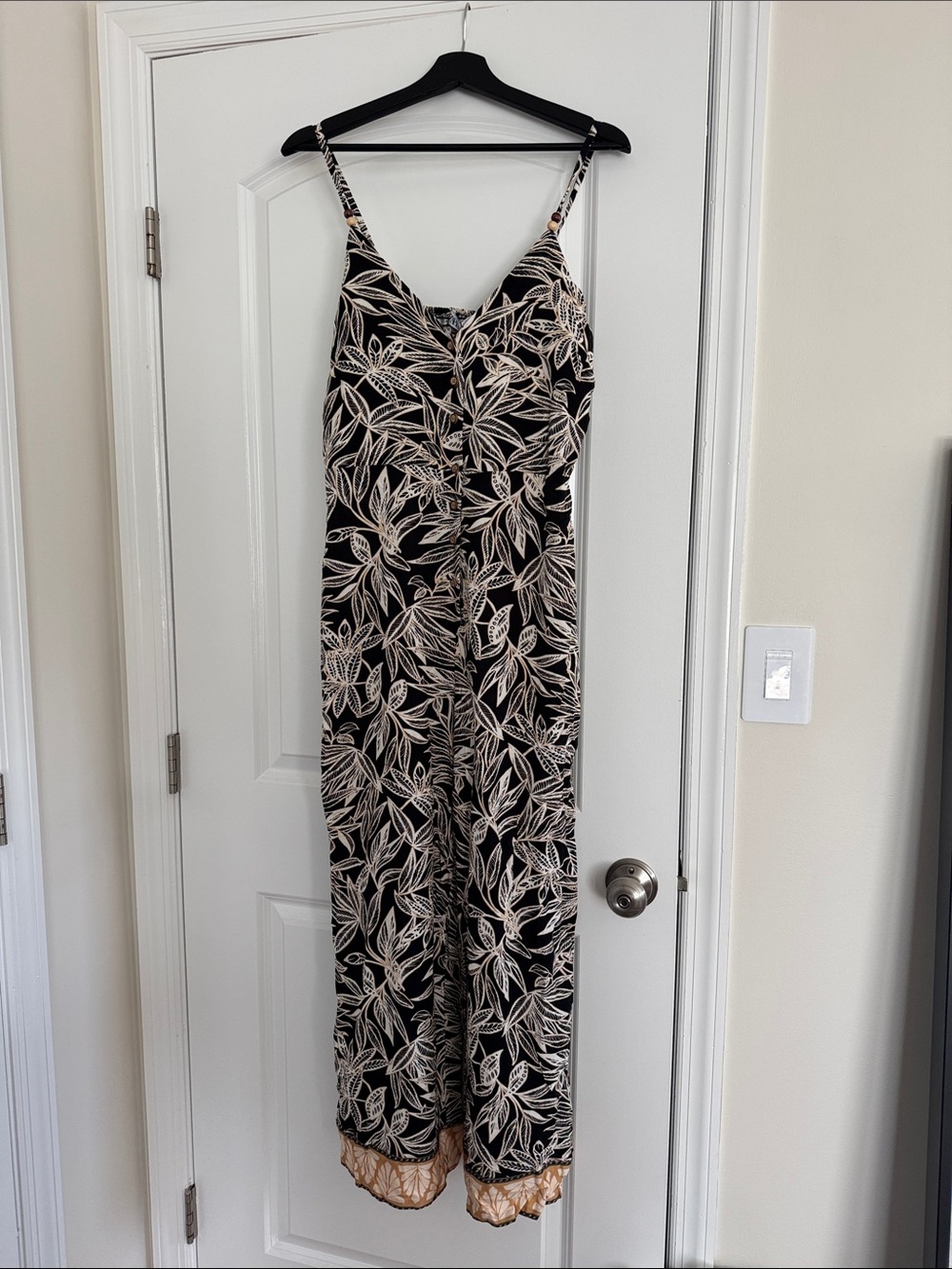 NWT Zara Black Jumpsuit with Cream Leaf Print